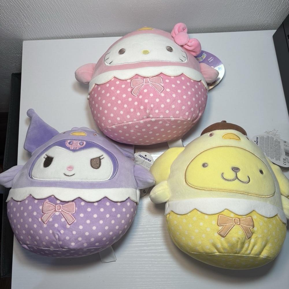 Sanrio Squishmallows 8"‎ Hello Kitty Kuromi Pompompurin Easter Polka Dot Set
